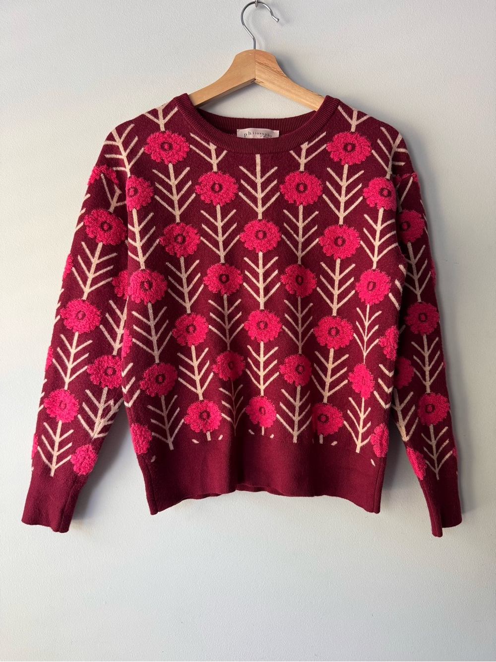 Philosophy Burgundy Crewneck Sweater with Pink Floral Pattern